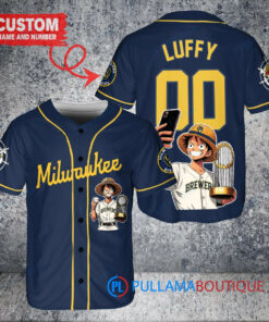 Milwaukee Brewers x Luffy One Piece with Trophy Custom Baseball Jersey Navy