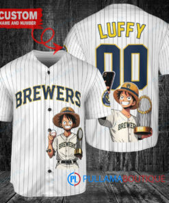 Milwaukee Brewers x Luffy One Piece with Trophy Custom Baseball Jersey White