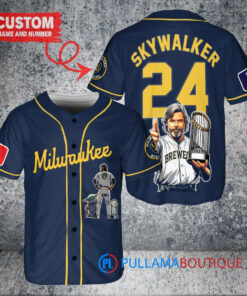 Milwaukee Brewers x Luke Skywalker Star Wars with Trophy Custom Baseball Jersey Navy