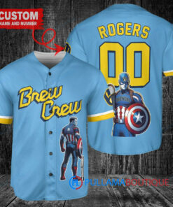 Milwaukee Brewers x Marvel Captain America Steve Rogers with Trophy Custom Baseball Jersey Blue City Connect