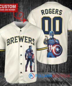 Milwaukee Brewers x Marvel Captain America Steve Rogers with Trophy Custom Baseball Jersey Cream