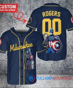 Milwaukee Brewers x Marvel Captain America Steve Rogers with Trophy Custom Baseball Jersey Navy