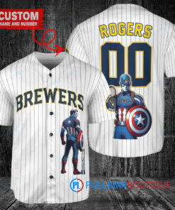 Milwaukee Brewers x Marvel Captain America Steve Rogers with Trophy Custom Baseball Jersey White