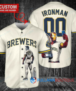 Milwaukee Brewers x Marvel Iron Man Tony Stark with Trophy Custom Baseball Jersey Cream