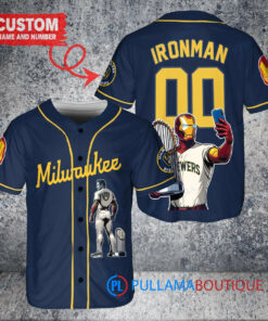 Milwaukee Brewers x Marvel Iron Man Tony Stark with Trophy Custom Baseball Jersey Navy