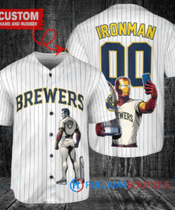 Milwaukee Brewers x Marvel Iron Man Tony Stark with Trophy Custom Baseball Jersey White