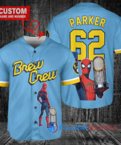 Milwaukee Brewers x Marvel Spiderman with Trophy Custom Baseball Jersey Blue City Connect