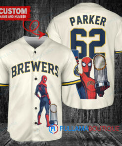 Milwaukee Brewers x Marvel Spiderman with Trophy Custom Baseball Jersey Cream