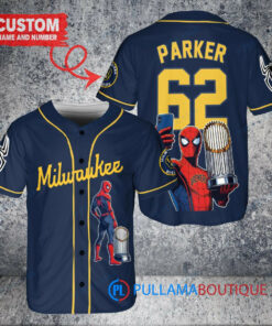 Milwaukee Brewers x Marvel Spiderman with Trophy Custom Baseball Jersey Navy