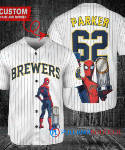 Milwaukee Brewers x Marvel Spiderman with Trophy Custom Baseball Jersey White