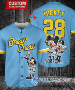 Milwaukee Brewers x Mickey and Minnie with Trophy Baseball Jersey Blue City Connect