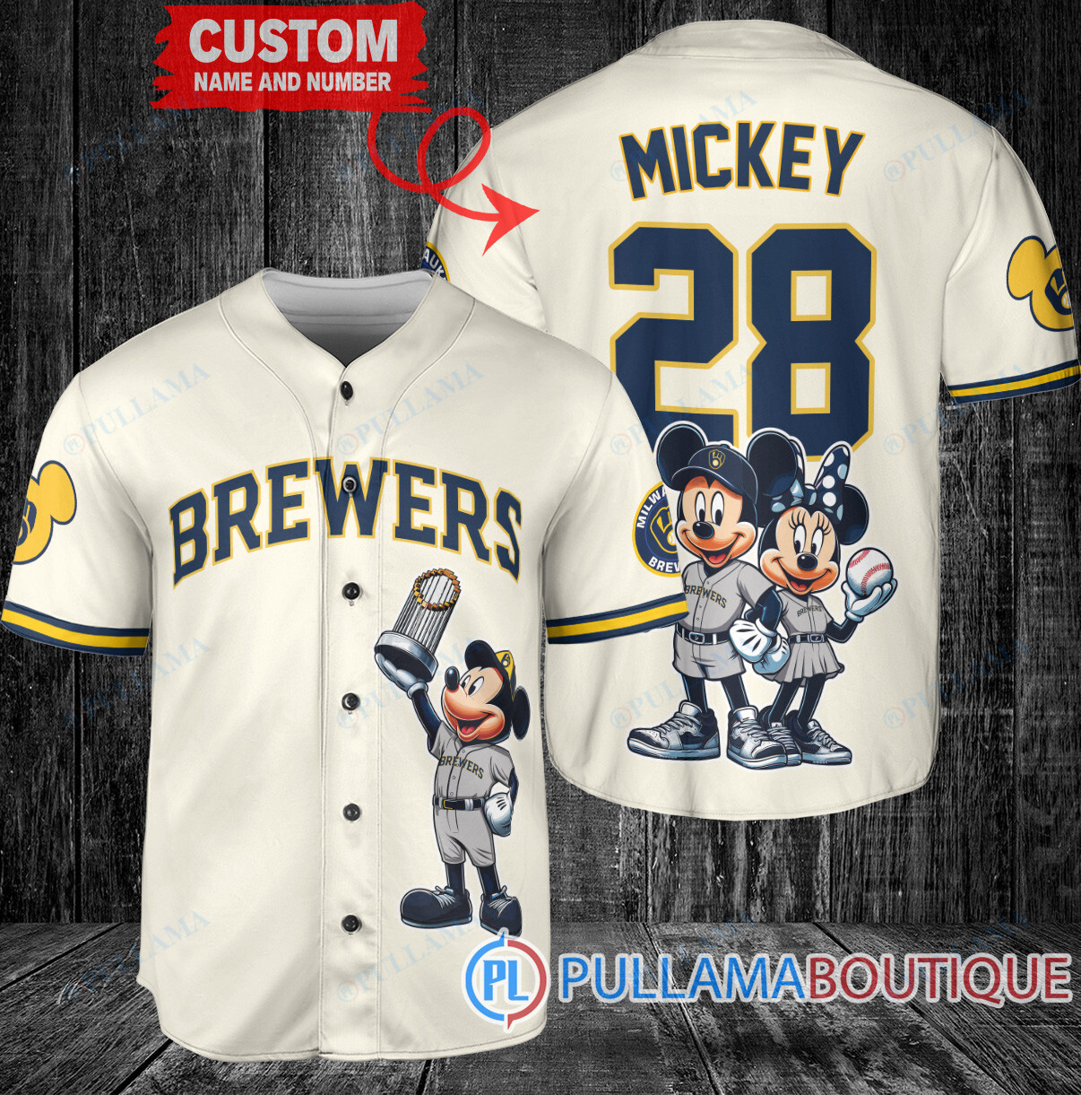 Detroit Tigers x Mickey and Minnie with Trophy Baseball Jersey Navy