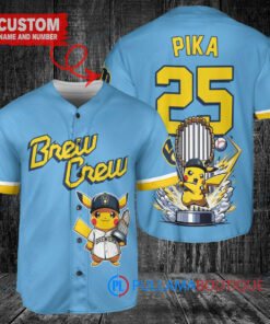 Milwaukee Brewers x Pikachu Pokemon with Trophy Custom Baseball Jersey Blue City Connect