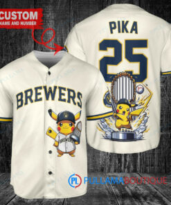 Milwaukee Brewers x Pikachu Pokemon with Trophy Custom Baseball Jersey Cream