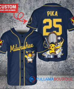 Milwaukee Brewers x Pikachu Pokemon with Trophy Custom Baseball Jersey Navy