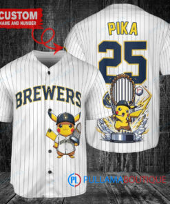 Milwaukee Brewers x Pikachu Pokemon with Trophy Custom Baseball Jersey White