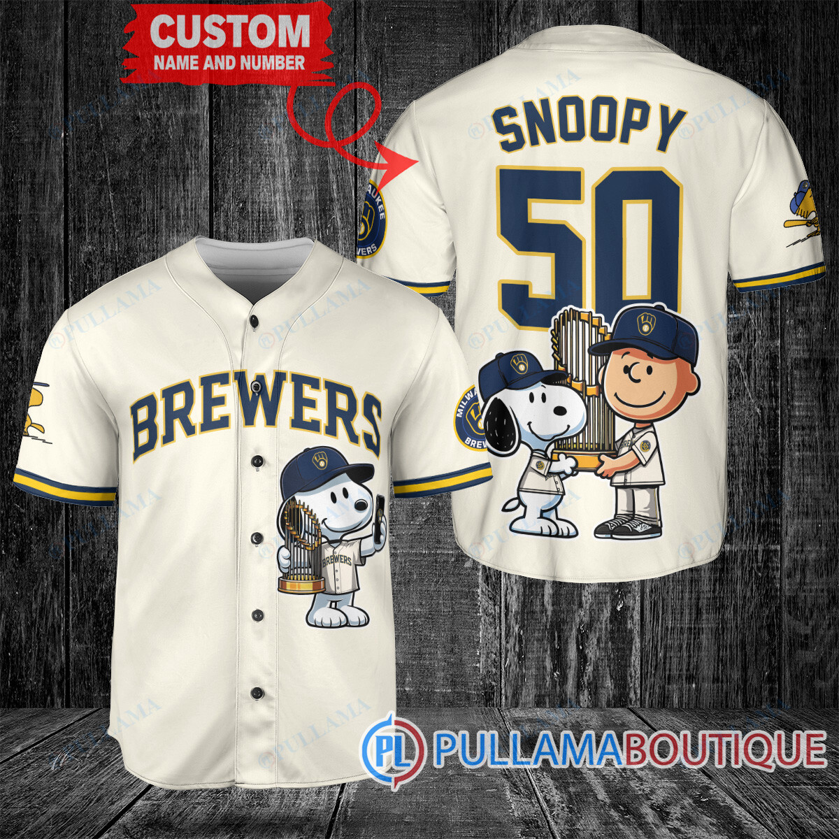 Milwaukee Brewers x Snoopy and Charlie Brown with Trophy Baseball Jersey White