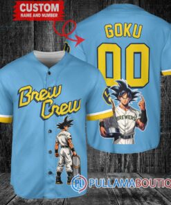 Milwaukee Brewers x Son Goku Kakarot Super Saiyan Dragon Ball Z with Trophy Baseball Jersey Blue City Connect V2