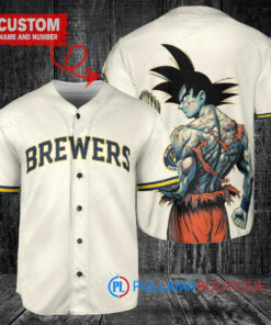 Milwaukee Brewers x Son Goku Kakarot Super Saiyan Dragon Ball Z with Trophy Baseball Jersey Cream