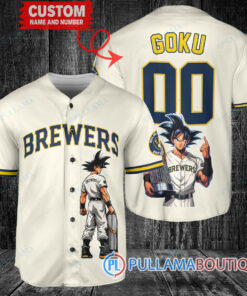 Milwaukee Brewers x Son Goku Kakarot Super Saiyan Dragon Ball Z with Trophy Baseball Jersey Cream V2