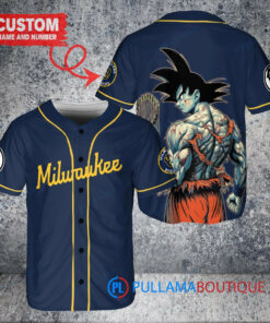 Milwaukee Brewers x Son Goku Kakarot Super Saiyan Dragon Ball Z with Trophy Baseball Jersey Navy