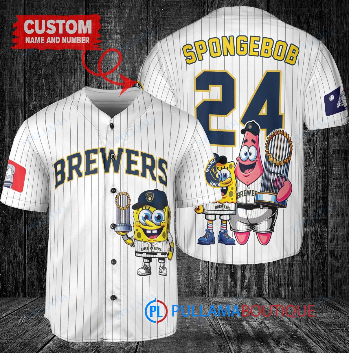 Milwaukee Brewers x SpongeBob SquarePants with Trophy Custom Baseball Jersey Navy