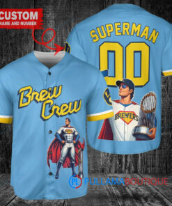 Milwaukee Brewers x Superman DC Comics with Trophy Custom Baseball Jersey Blue City Connect