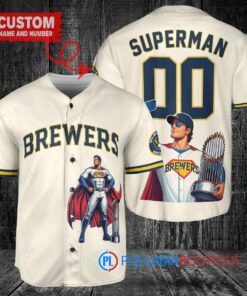 Milwaukee Brewers x Superman DC Comics with Trophy Custom Baseball Jersey Cream