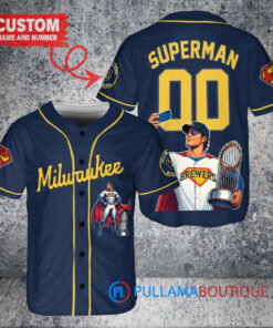 Milwaukee Brewers x Superman DC Comics with Trophy Custom Baseball Jersey Navy