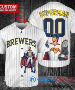 Milwaukee Brewers x Superman DC Comics with Trophy Custom Baseball Jersey White