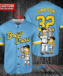 Milwaukee Brewers x The Simpsons Bart Simpson, Homer Simpson, Lisa Simpson with Trophy Custom Baseball Jersey Blue City Connect