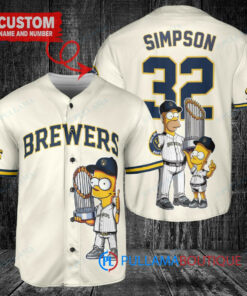 Milwaukee Brewers x The Simpsons Bart Simpson, Homer Simpson, Lisa Simpson with Trophy Custom Baseball Jersey Cream