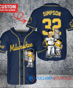 Milwaukee Brewers x The Simpsons Bart Simpson, Homer Simpson, Lisa Simpson with Trophy Custom Baseball Jersey Navy