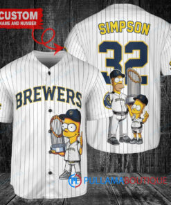 Milwaukee Brewers x The Simpsons Bart Simpson, Homer Simpson, Lisa Simpson with Trophy Custom Baseball Jersey White