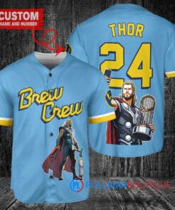 Milwaukee Brewers x Thor Marvel with Trophy Custom Baseball Jersey Blue City Connect