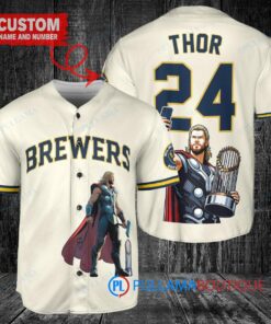 Milwaukee Brewers x Thor Marvel with Trophy Custom Baseball Jersey Cream