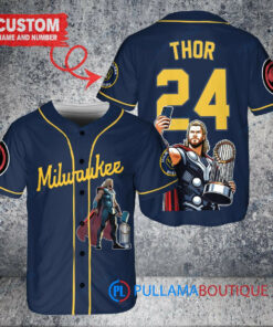 Milwaukee Brewers x Thor Marvel with Trophy Custom Baseball Jersey Navy