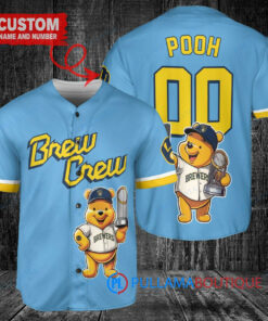 Milwaukee Brewers x Winnie the Pooh with Trophy Custom Baseball Jersey Blue City Connect