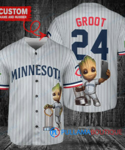 Minnesota Twins x Baby Groot Marvel Guardians Of The Galaxy with Trophy Custom Baseball Jersey Gray Road