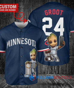 Minnesota Twins x Baby Groot Marvel Guardians Of The Galaxy with Trophy Custom Baseball Jersey Navy