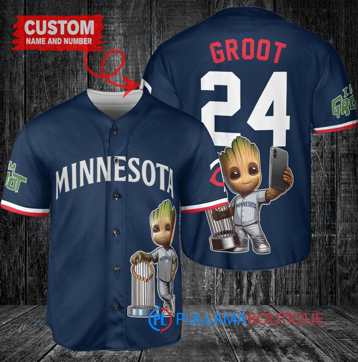 Atlanta Braves x Baby Groot Marvel Guardians Of The Galaxy with Trophy Custom Baseball Jersey Navy