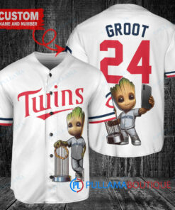 Minnesota Twins x Baby Groot Marvel Guardians Of The Galaxy with Trophy Custom Baseball Jersey White