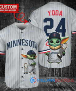 Minnesota Twins x Baby Yoda Star Wars The Mandalorian with Trophy Custom Baseball Jersey Gray Road