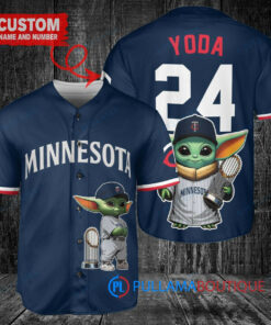 Minnesota Twins x Baby Yoda Star Wars The Mandalorian with Trophy Custom Baseball Jersey Navy