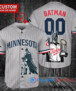 Minnesota Twins x DC Comics Batman The Dark Knight with Trophy Custom Baseball Jersey Gray Road