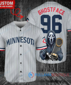 Minnesota Twins x Ghostface Scream Halloween Halloween with World Series Trophy Custom Baseball Jersey Gray Road