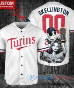 Minnesota Twins x Jack Skellington and Sally The Nightmare Before Christmas with World Series Trophy Custom Baseball Jersey White