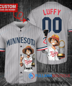 Minnesota Twins x Luffy One Piece with Trophy Custom Baseball Jersey Gray Road