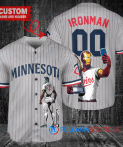 Minnesota Twins x Marvel Iron Man Tony Stark with Trophy Custom Baseball Jersey Gray Road