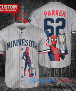 Minnesota Twins x Marvel Spiderman with Trophy Custom Baseball Jersey Gray Road